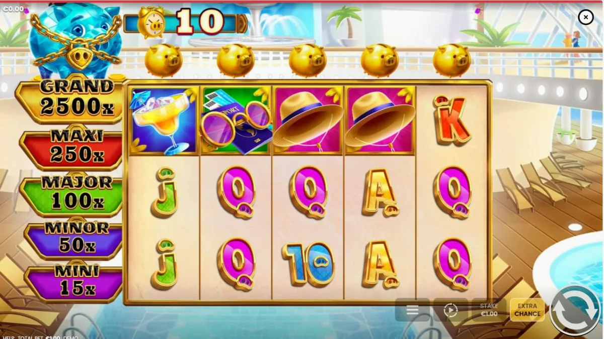 Tampilan visual slot Break the Diamond Piggy dengan tema kapal pesiar mewah dan celengan babi berlian.