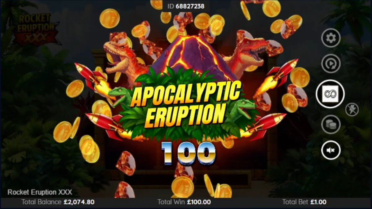 Rocket Eruption XXX slot machine interface with volcanic theme